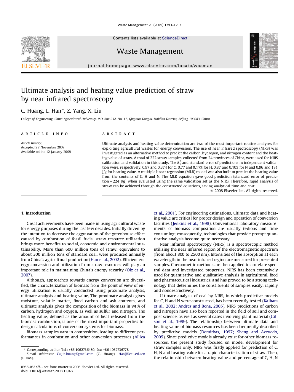 Ultimate analysis and heating value prediction of straw by near infrared spectroscopy