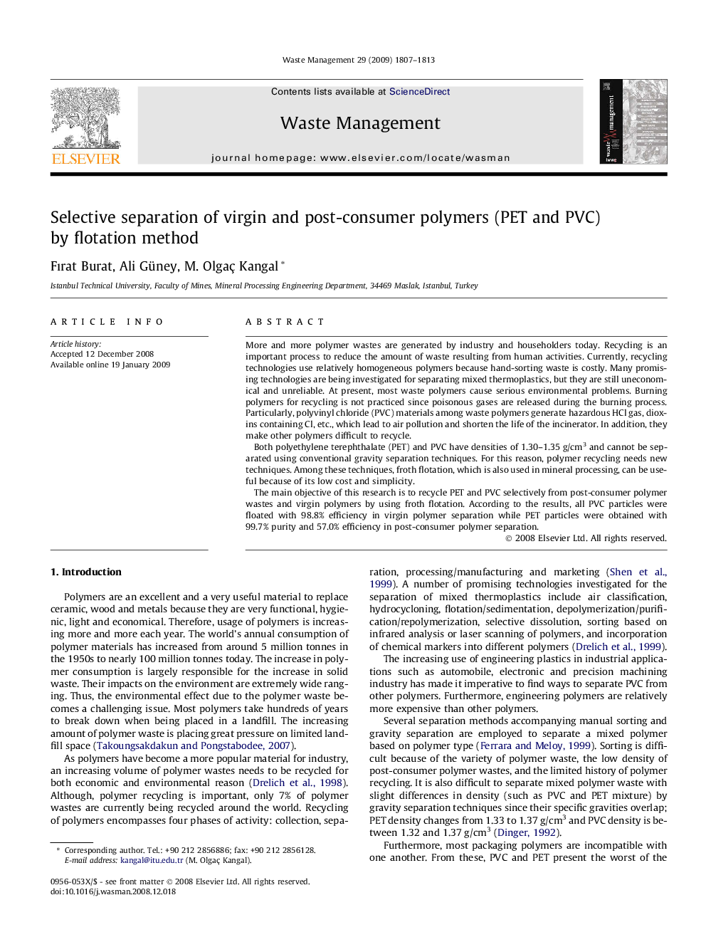 عکس صفحه اول مقاله: Selective separation of virgin and post-consumer polymers (PET and PVC) by flotation method Selective separation of virgin and post-consumer polymers (PET and PVC) by flotation method