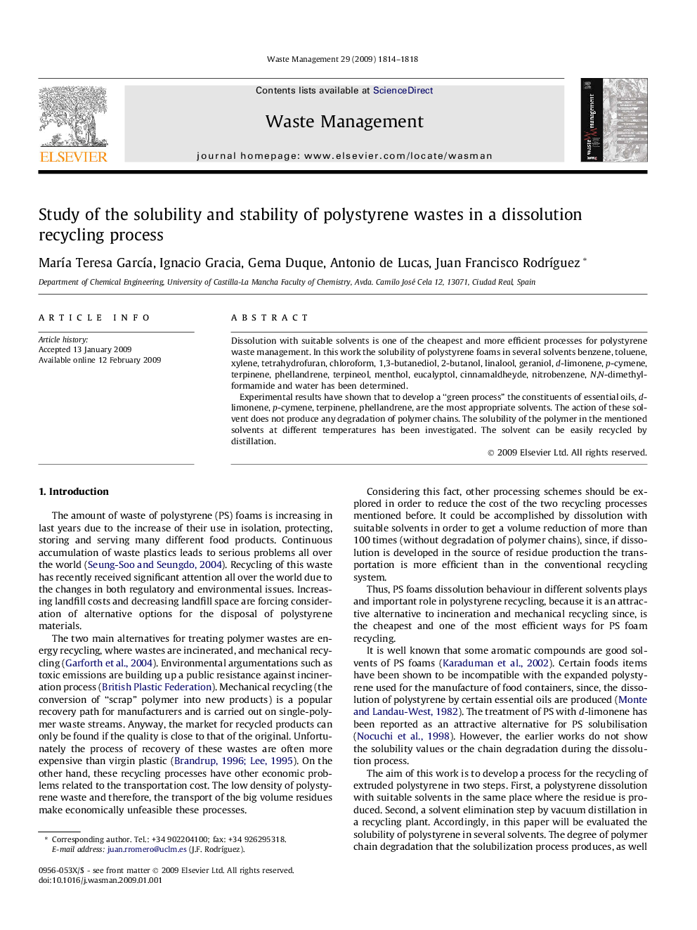 عکس صفحه اول مقاله: Study of the solubility and stability of polystyrene wastes in a dissolution recycling process Study of the solubility and stability of polystyrene wastes in a dissolution recycling process