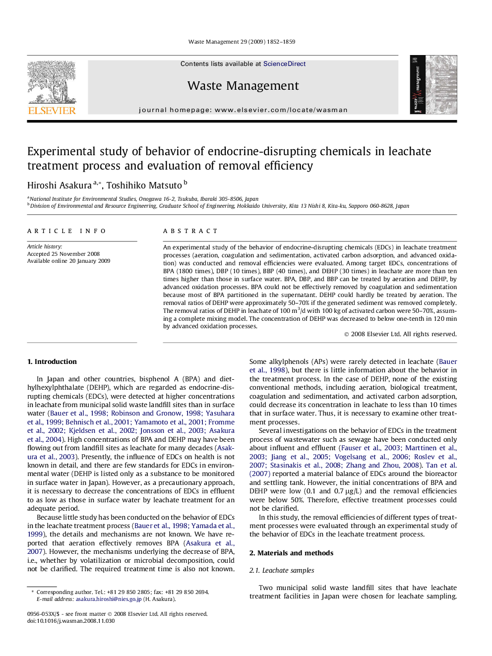 Experimental study of behavior of endocrine-disrupting chemicals in leachate treatment process and evaluation of removal efficiency