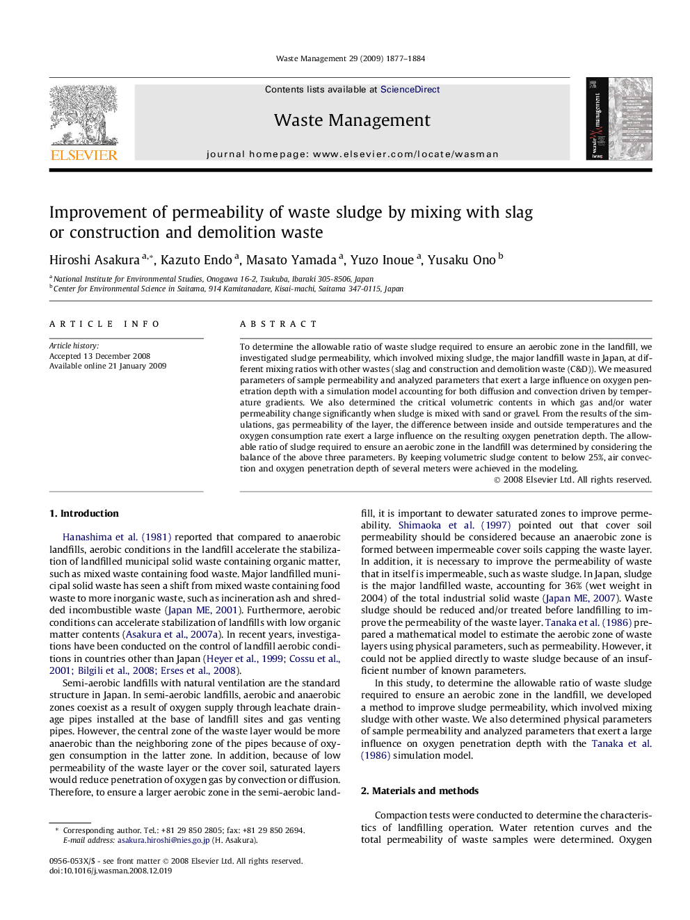 Improvement of permeability of waste sludge by mixing with slag or construction and demolition waste