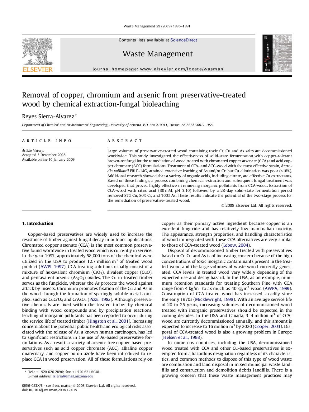 Removal of copper, chromium and arsenic from preservative-treated wood by chemical extraction-fungal bioleaching