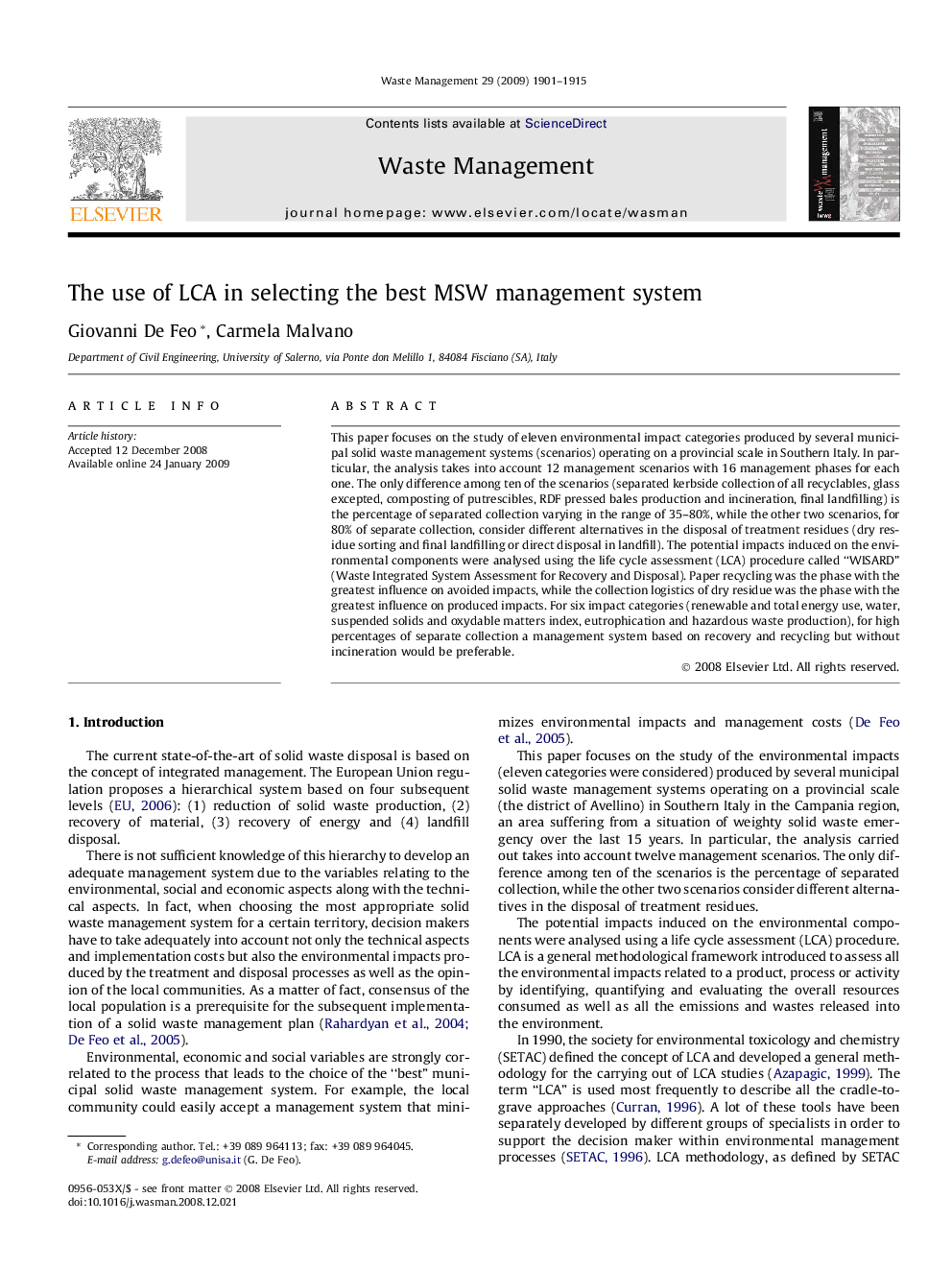 The use of LCA in selecting the best MSW management system