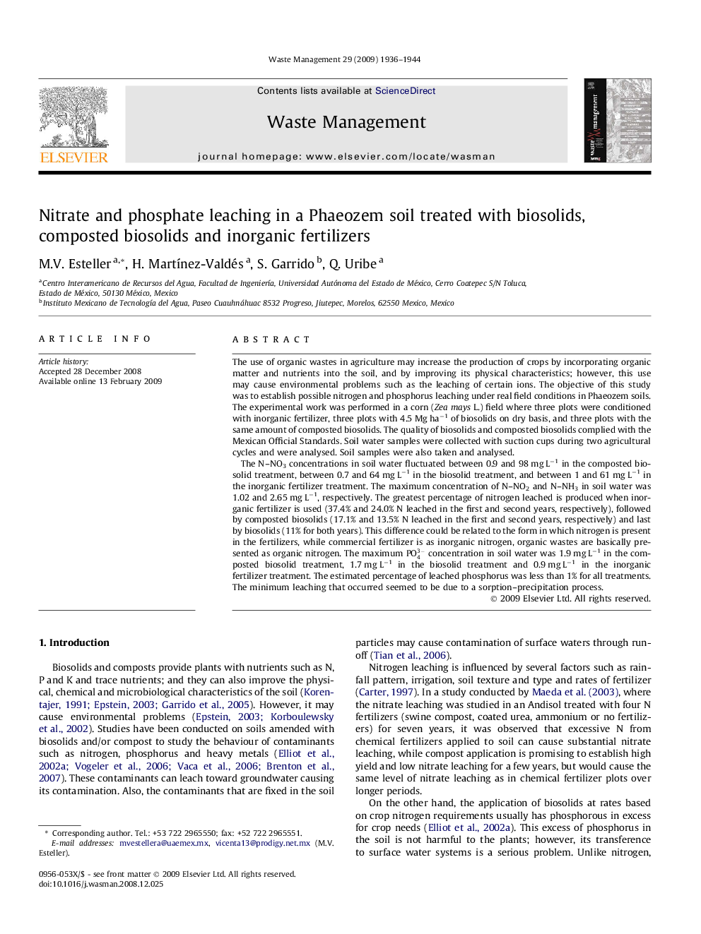 Nitrate and phosphate leaching in a Phaeozem soil treated with biosolids, composted biosolids and inorganic fertilizers