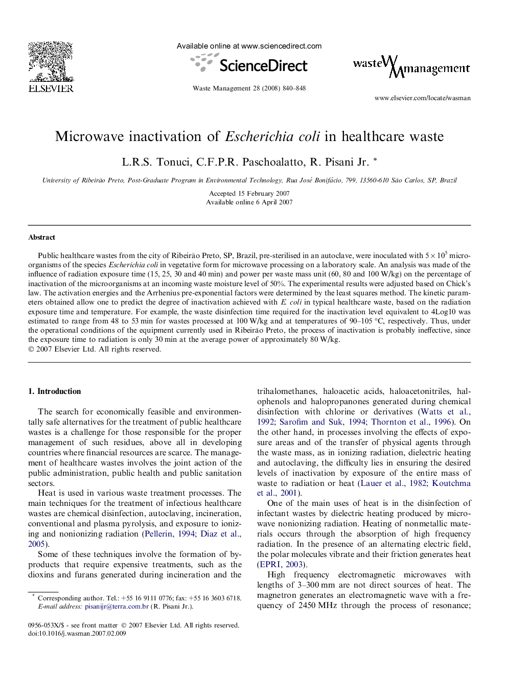 Microwave inactivation of Escherichia coli in healthcare waste