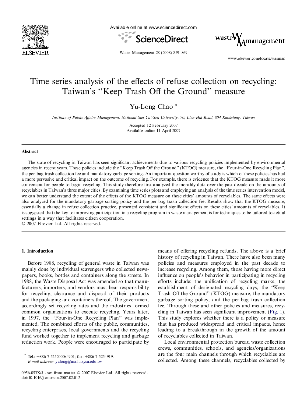 Time series analysis of the effects of refuse collection on recycling: Taiwan’s “Keep Trash Off the Ground” measure