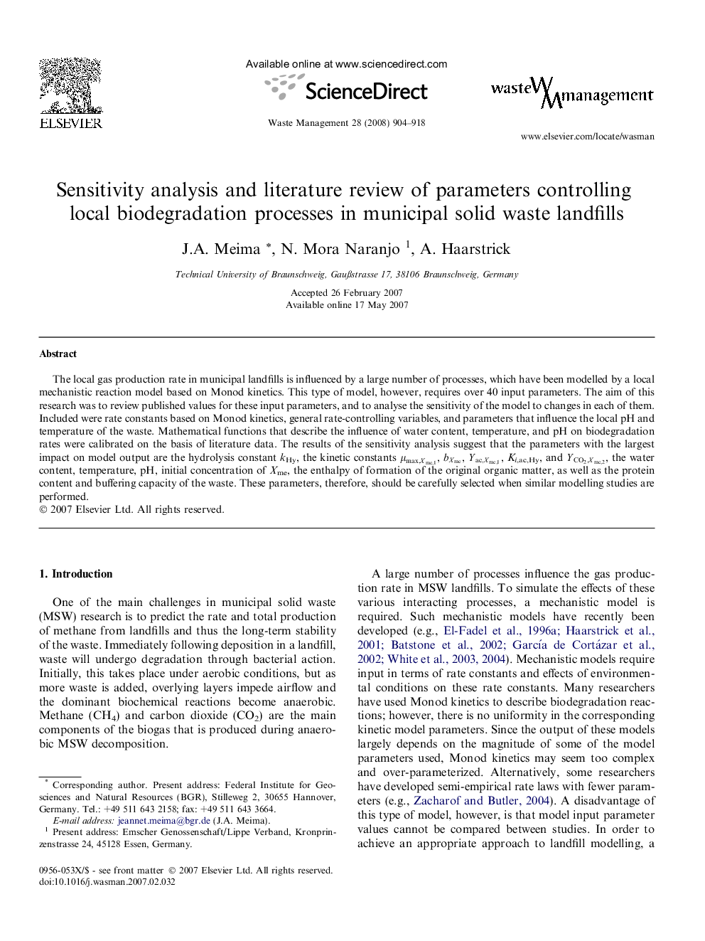 Sensitivity analysis and literature review of parameters controlling local biodegradation processes in municipal solid waste landfills