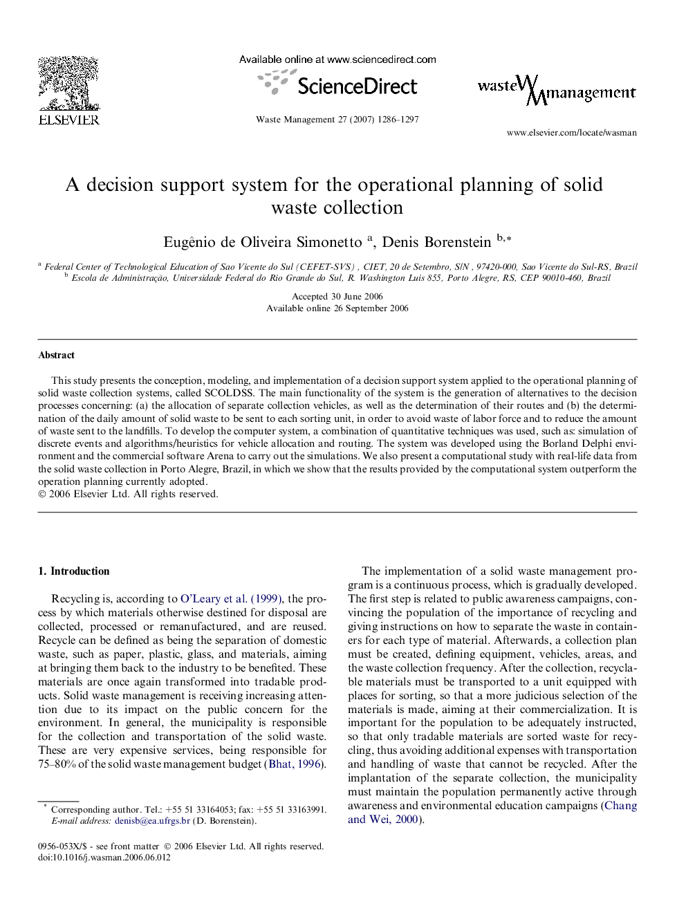 A decision support system for the operational planning of solid waste collection