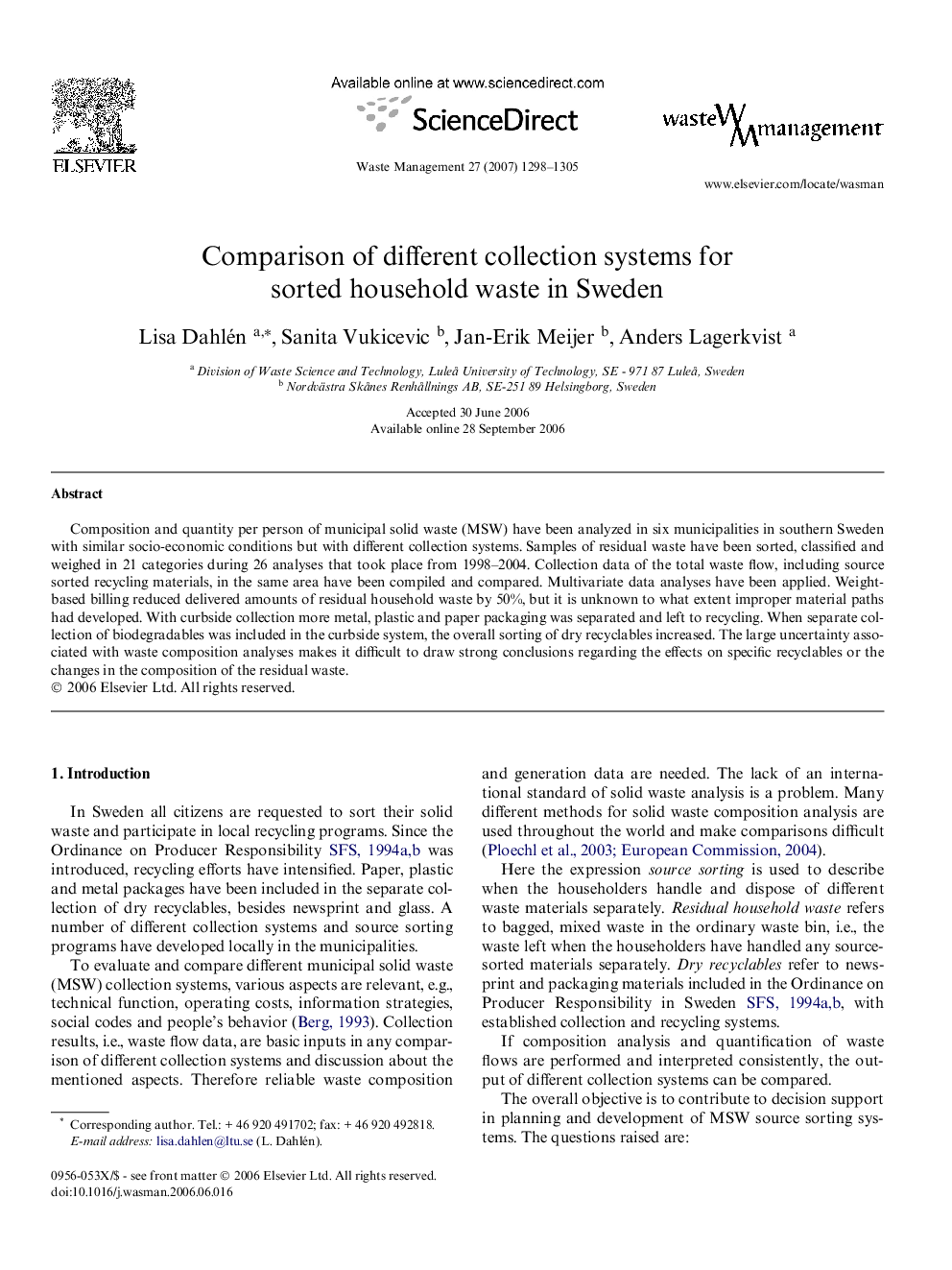 Comparison of different collection systems for sorted household waste in Sweden