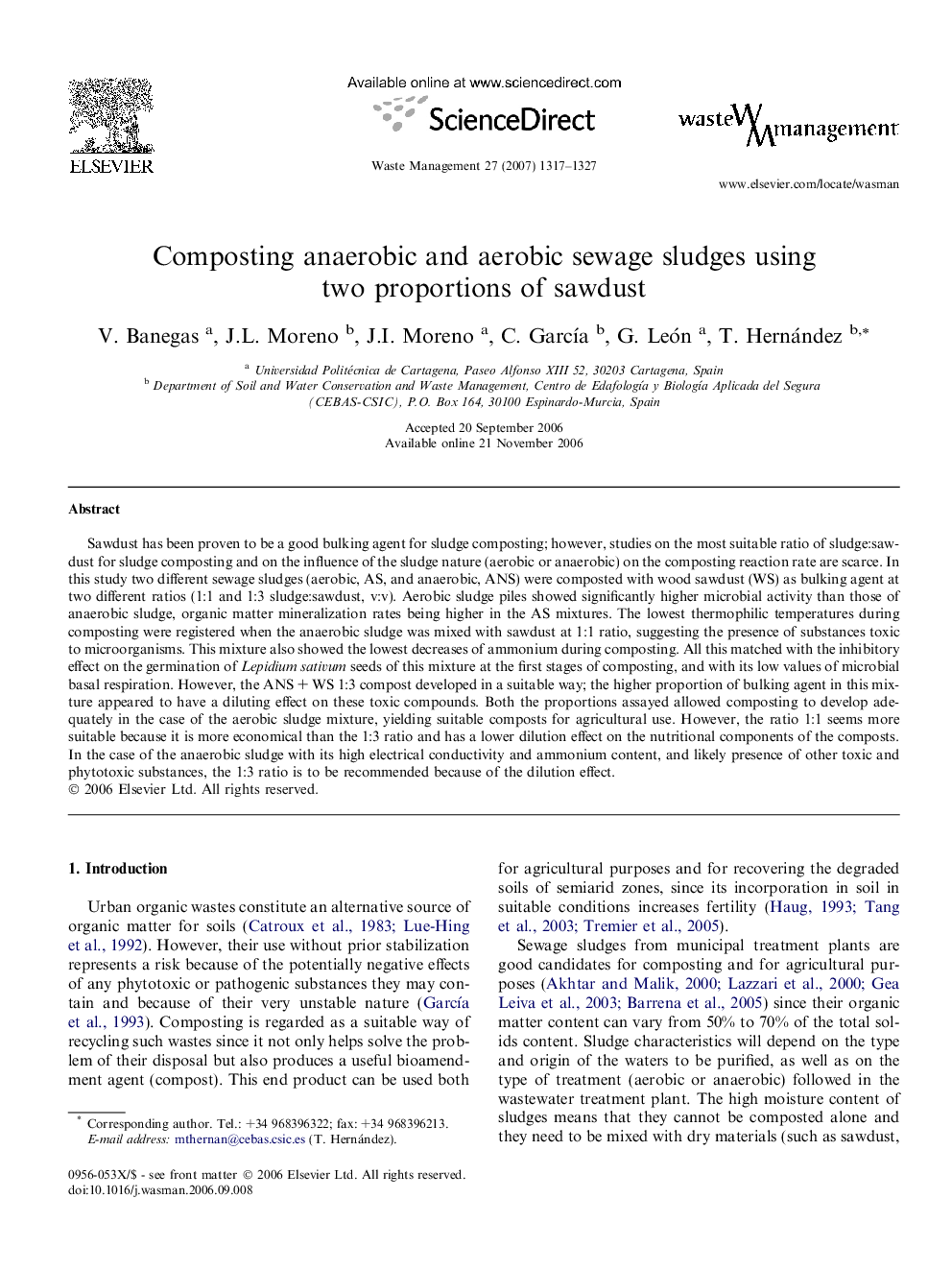 Composting anaerobic and aerobic sewage sludges using two proportions of sawdust