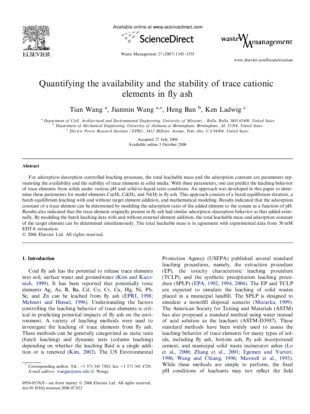 Quantifying the availability and the stability of trace cationic elements in fly ash