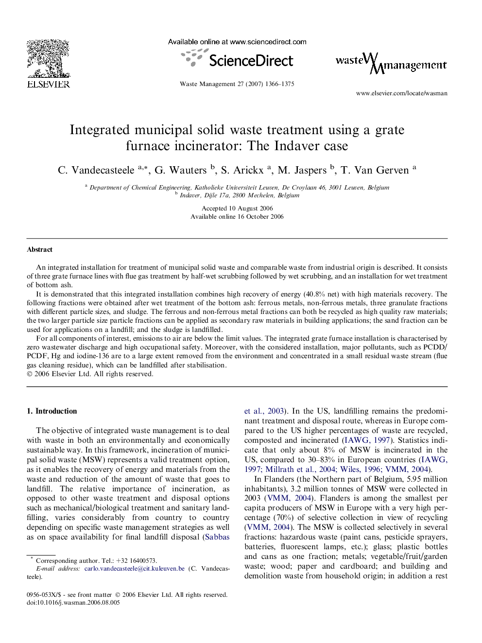 Integrated municipal solid waste treatment using a grate furnace incinerator: The Indaver case