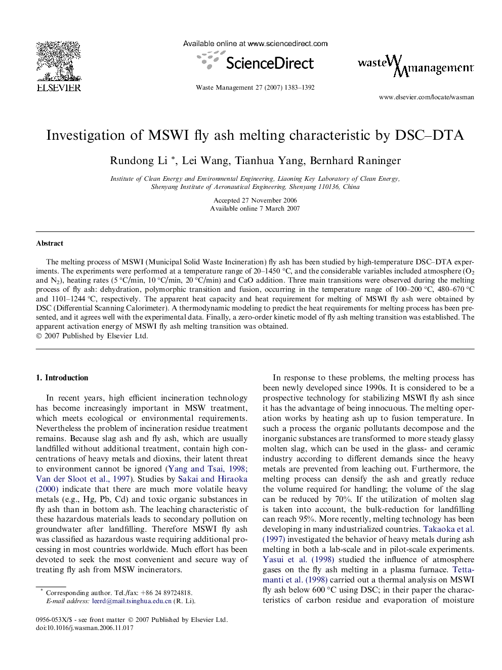 Investigation of MSWI fly ash melting characteristic by DSC–DTA