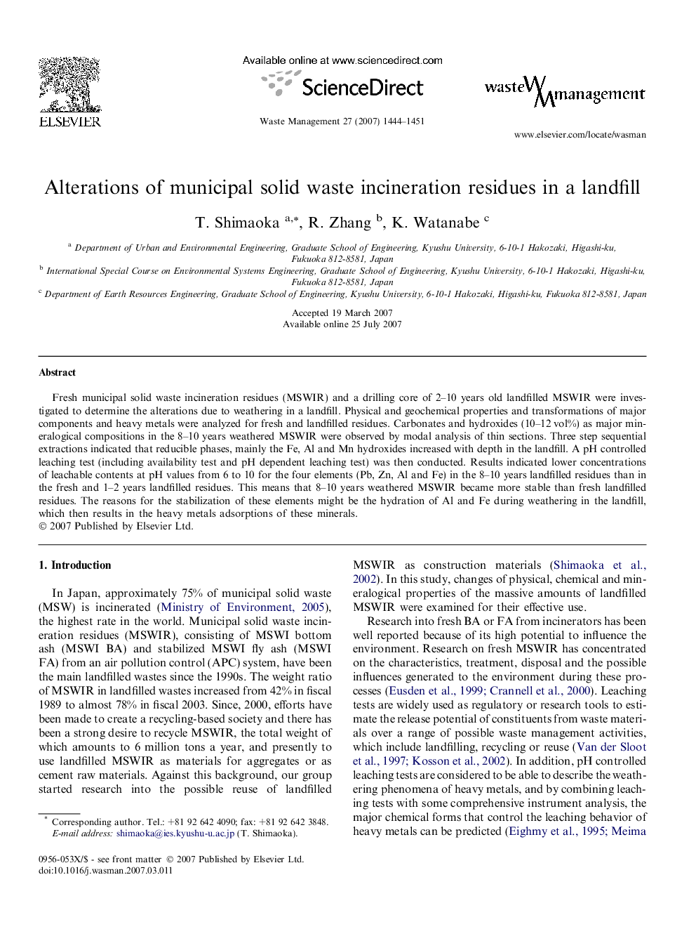 Alterations of municipal solid waste incineration residues in a landfill