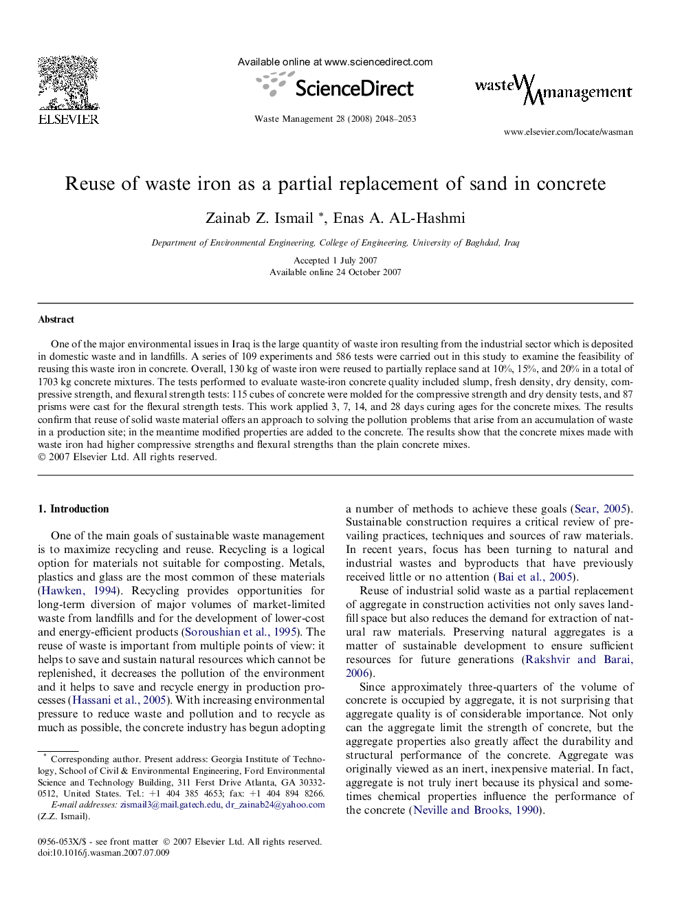 Reuse of waste iron as a partial replacement of sand in concrete