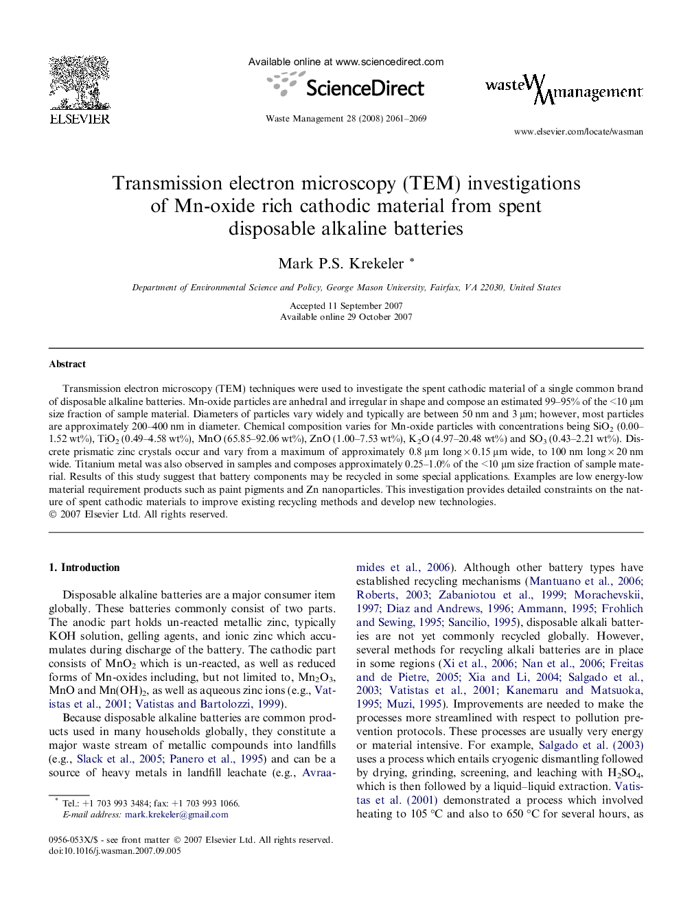 Transmission electron microscopy (TEM) investigations of Mn-oxide rich cathodic material from spent disposable alkaline batteries