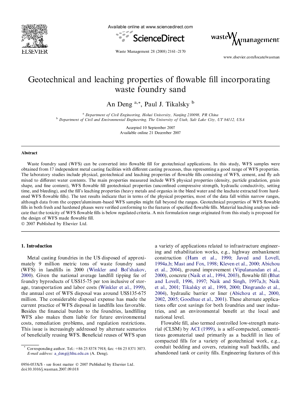 Geotechnical and leaching properties of flowable fill incorporating waste foundry sand