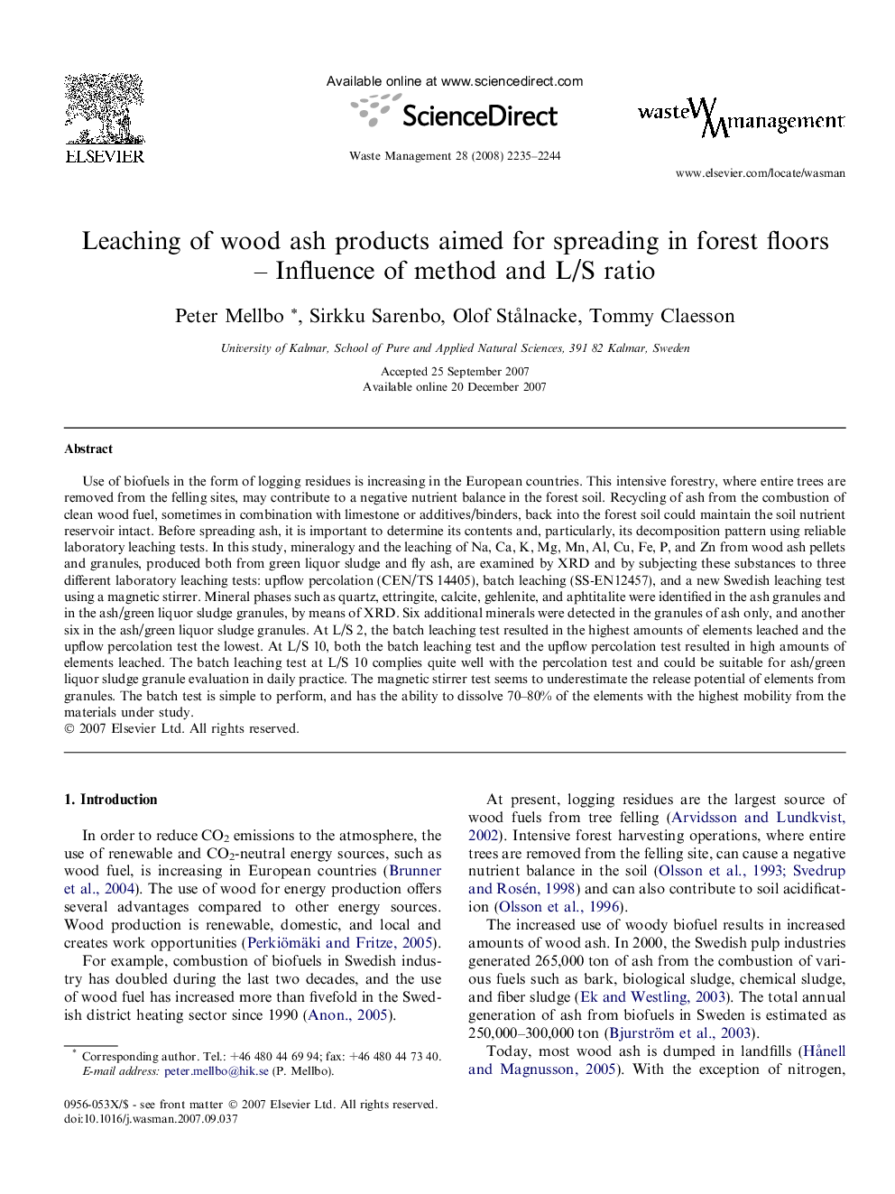 Leaching of wood ash products aimed for spreading in forest floors – Influence of method and L/S ratio