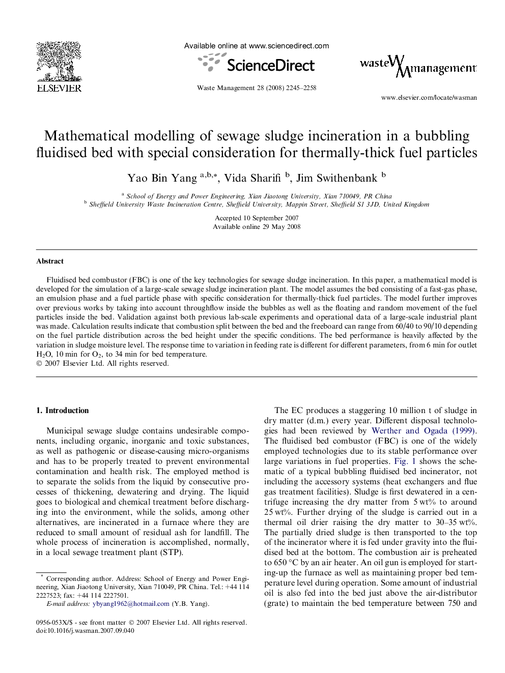 Mathematical modelling of sewage sludge incineration in a bubbling fluidised bed with special consideration for thermally-thick fuel particles