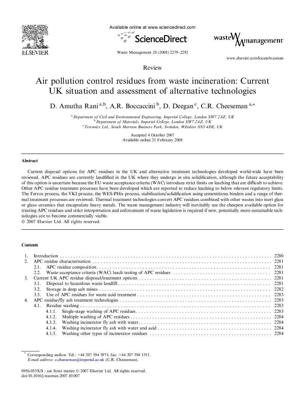 Air pollution control residues from waste incineration: Current UK situation and assessment of alternative technologies