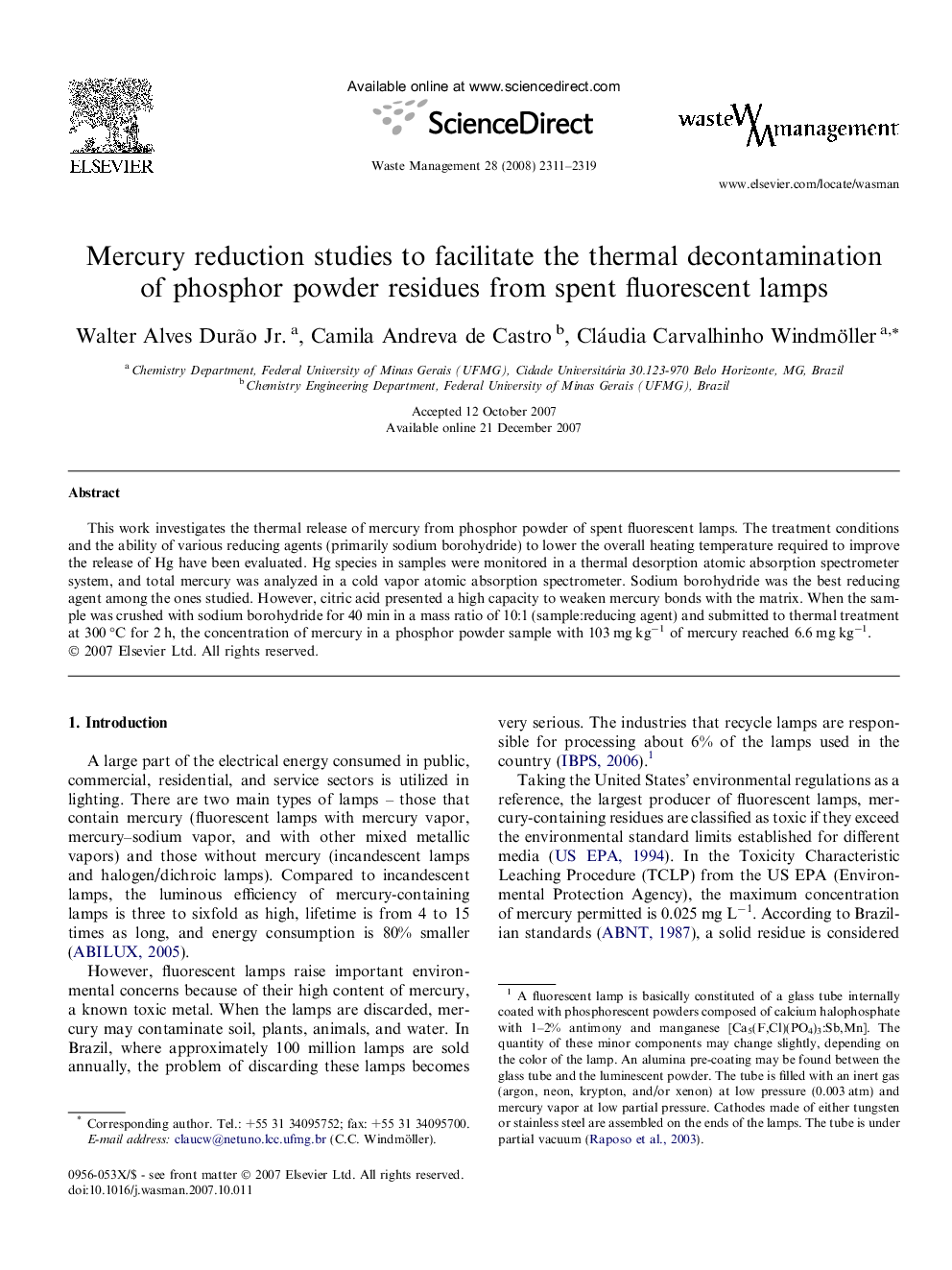 Mercury reduction studies to facilitate the thermal decontamination of phosphor powder residues from spent fluorescent lamps