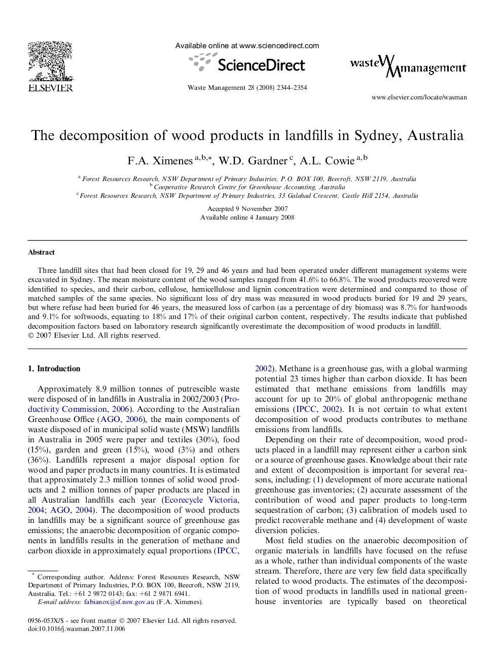 The decomposition of wood products in landfills in Sydney, Australia