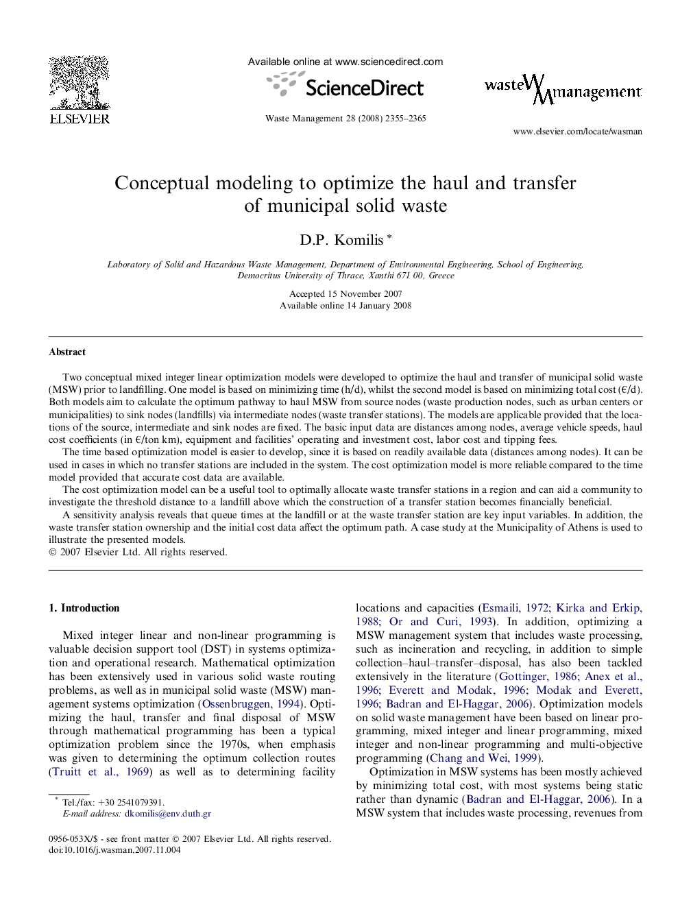 Conceptual modeling to optimize the haul and transfer of municipal solid waste