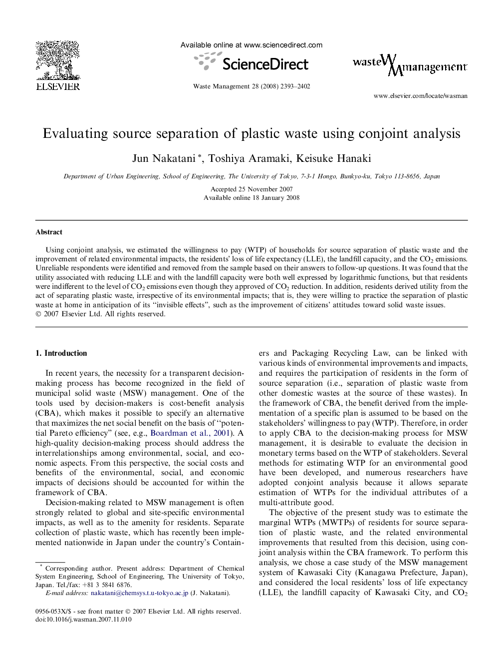 Evaluating source separation of plastic waste using conjoint analysis