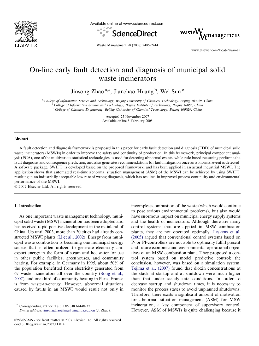 On-line early fault detection and diagnosis of municipal solid waste incinerators