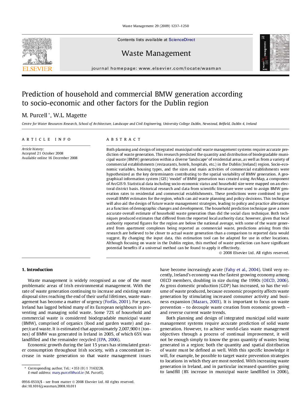 Prediction of household and commercial BMW generation according to socio-economic and other factors for the Dublin region