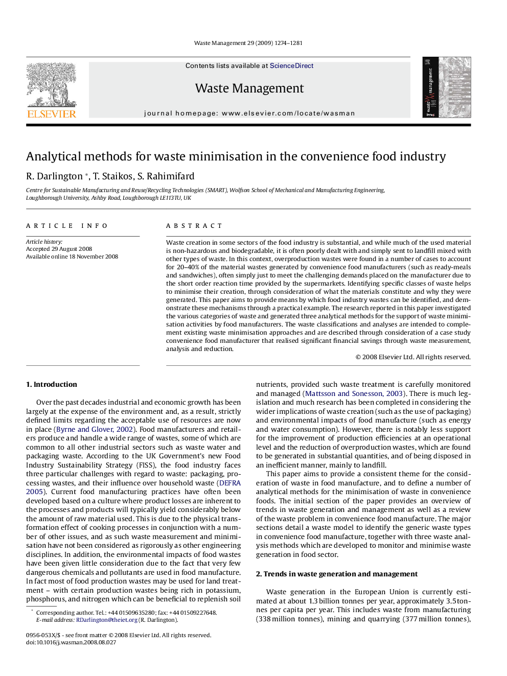 Analytical methods for waste minimisation in the convenience food industry
