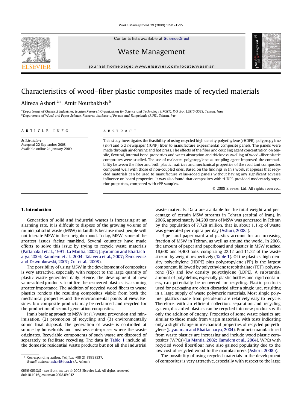 Characteristics of wood–fiber plastic composites made of recycled materials
