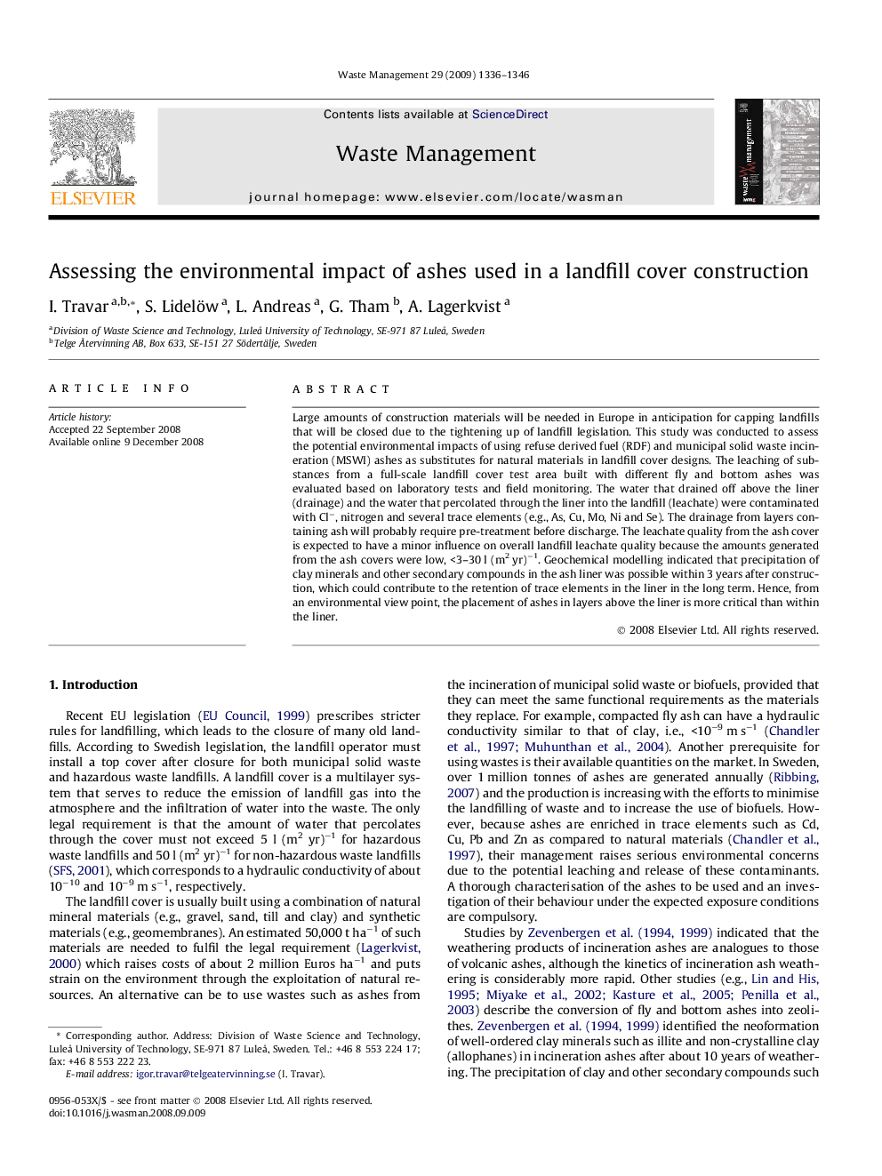 Assessing the environmental impact of ashes used in a landfill cover construction