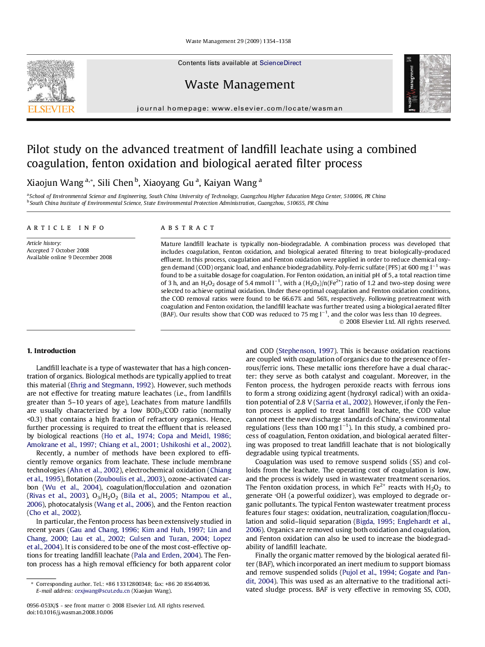 Pilot study on the advanced treatment of landfill leachate using a combined coagulation, fenton oxidation and biological aerated filter process