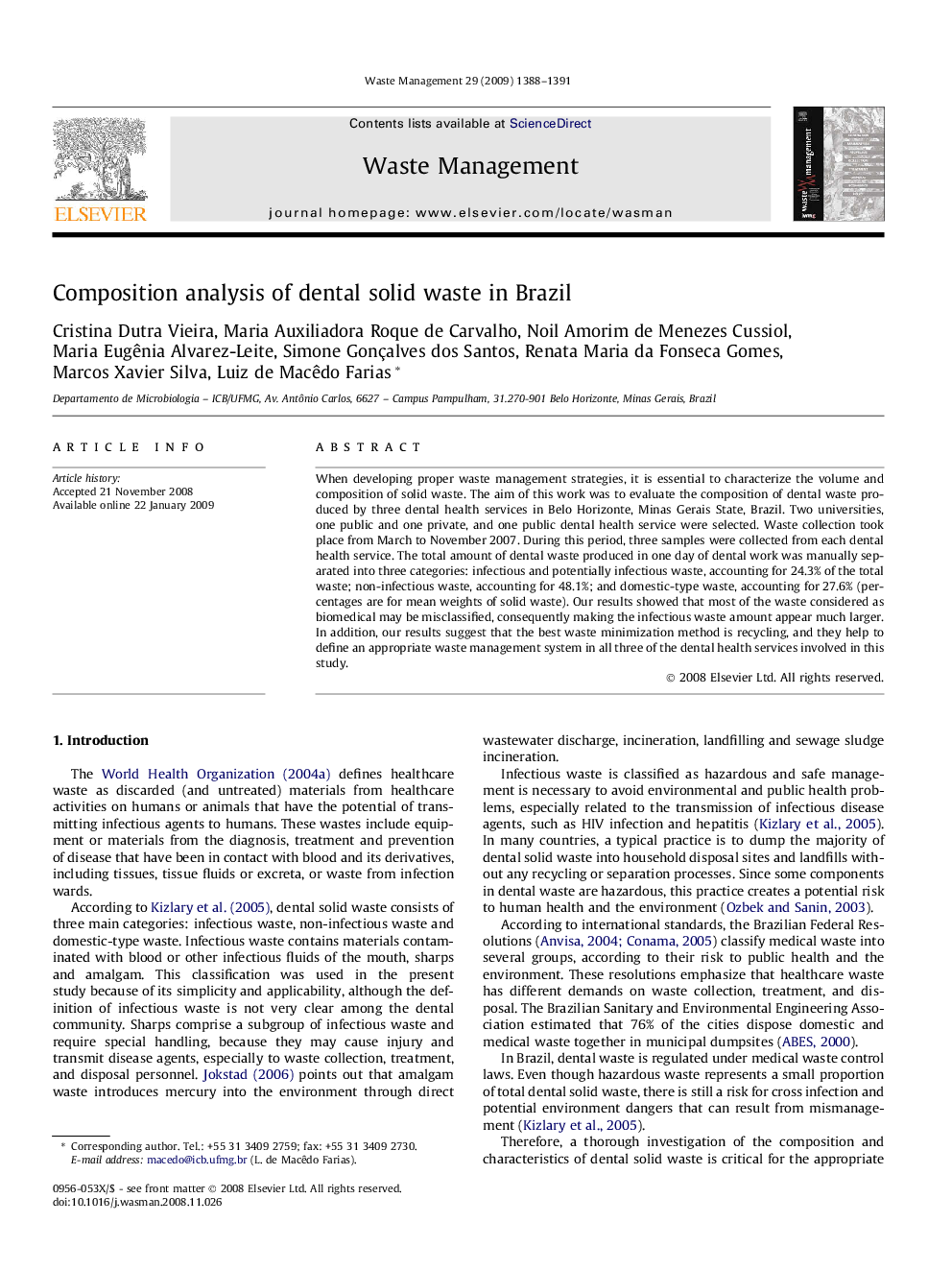 عکس صفحه اول مقاله: Composition analysis of dental solid waste in Brazil Composition analysis of dental solid waste in Brazil