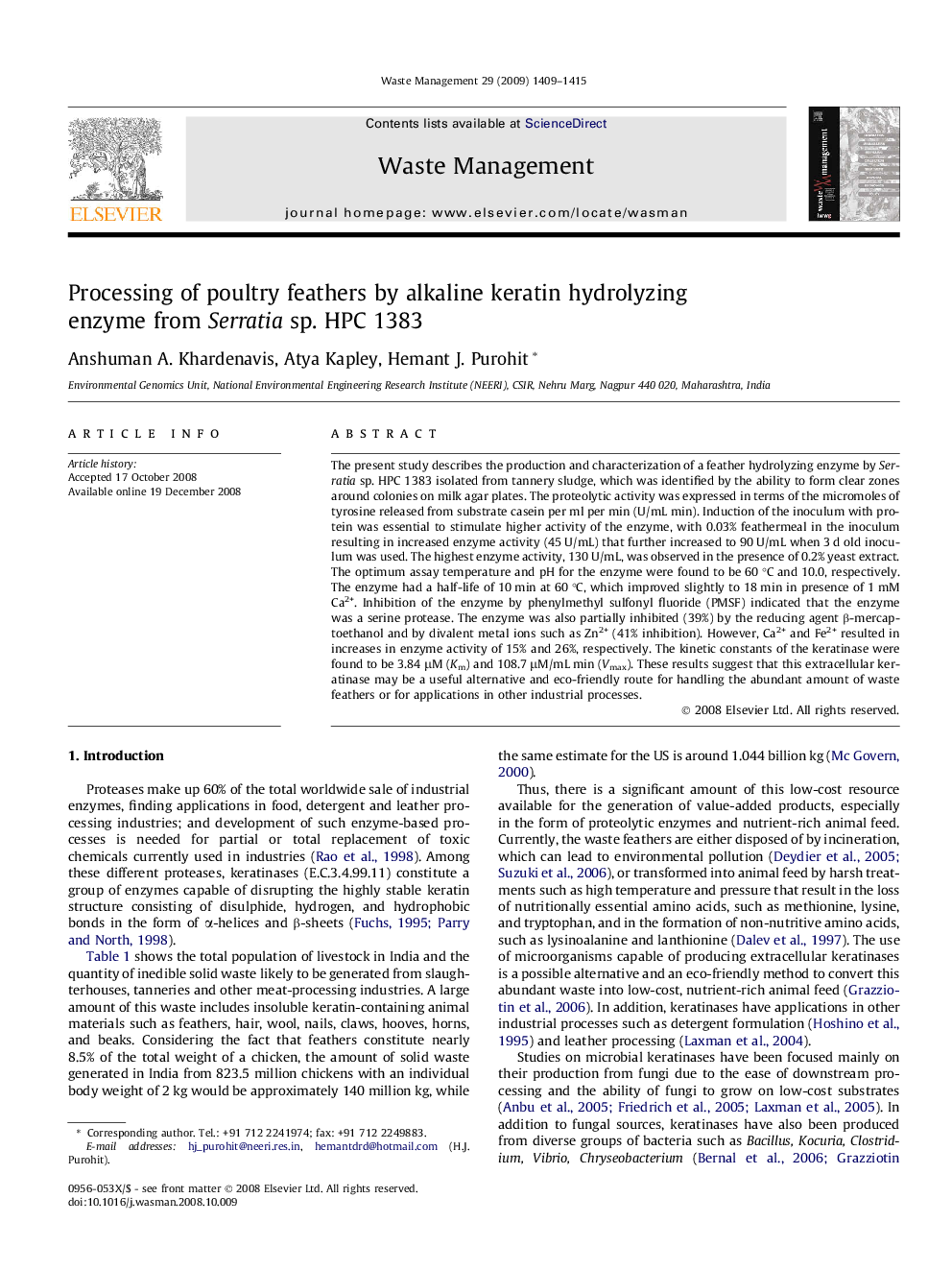 Processing of poultry feathers by alkaline keratin hydrolyzing enzyme from Serratia sp. HPC 1383