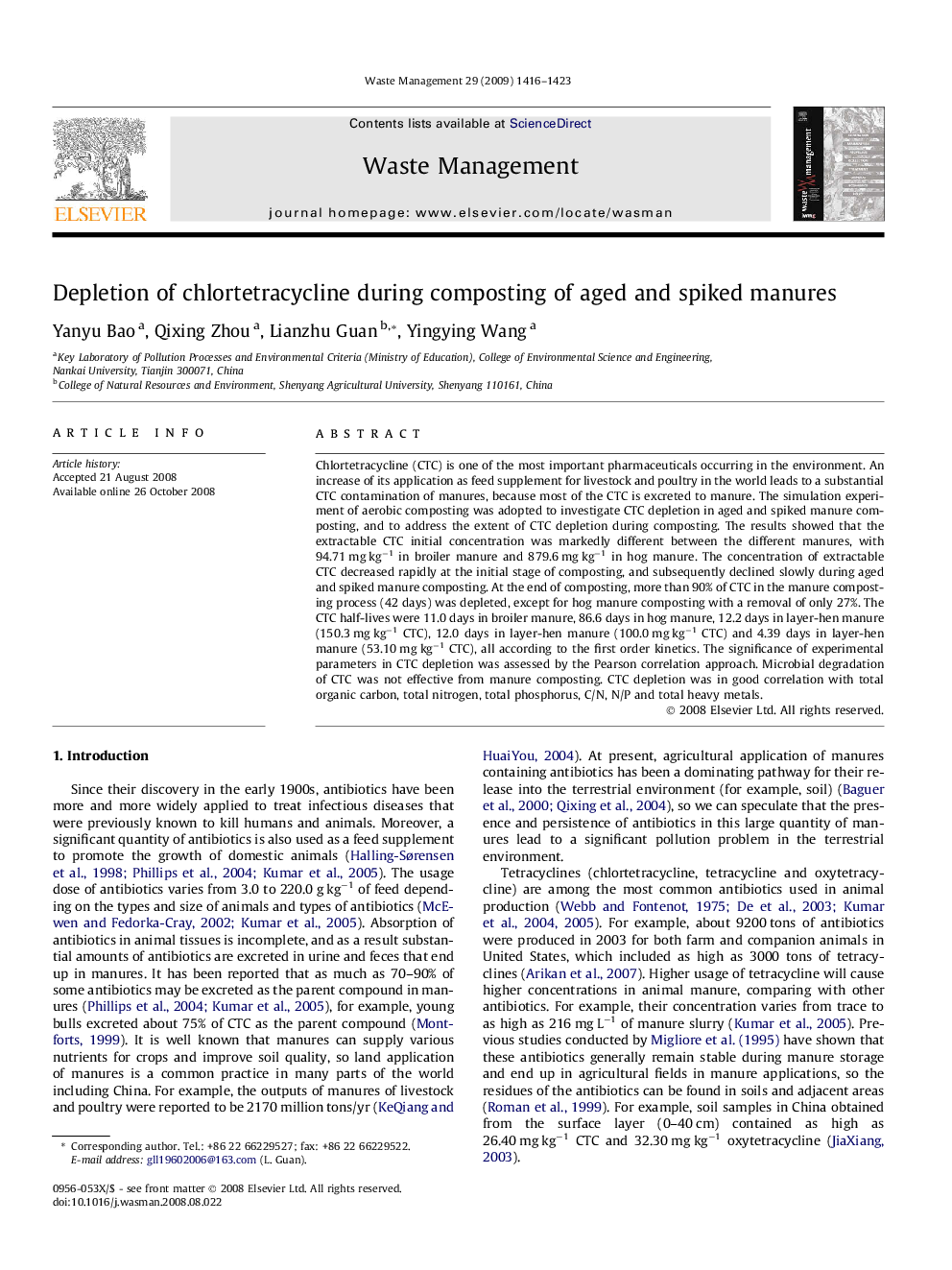 Depletion of chlortetracycline during composting of aged and spiked manures