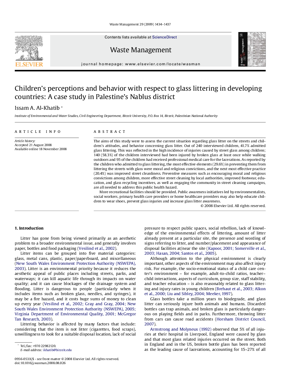 Children’s perceptions and behavior with respect to glass littering in developing countries: A case study in Palestine’s Nablus district