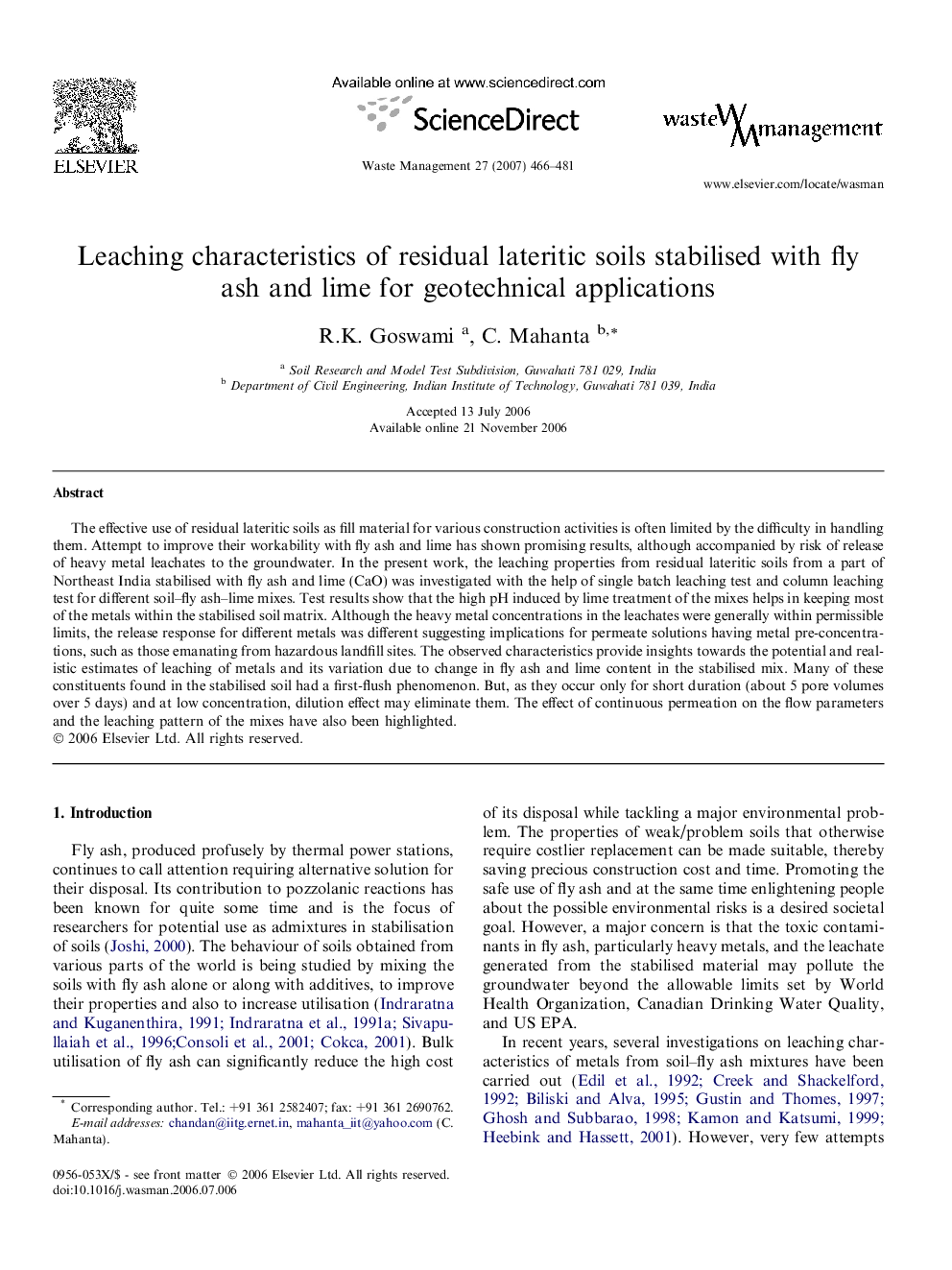 Leaching characteristics of residual lateritic soils stabilised with fly ash and lime for geotechnical applications