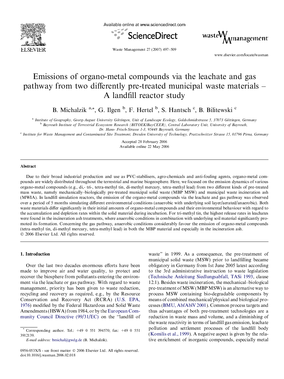 Emissions of organo-metal compounds via the leachate and gas pathway from two differently pre-treated municipal waste materials – A landfill reactor study