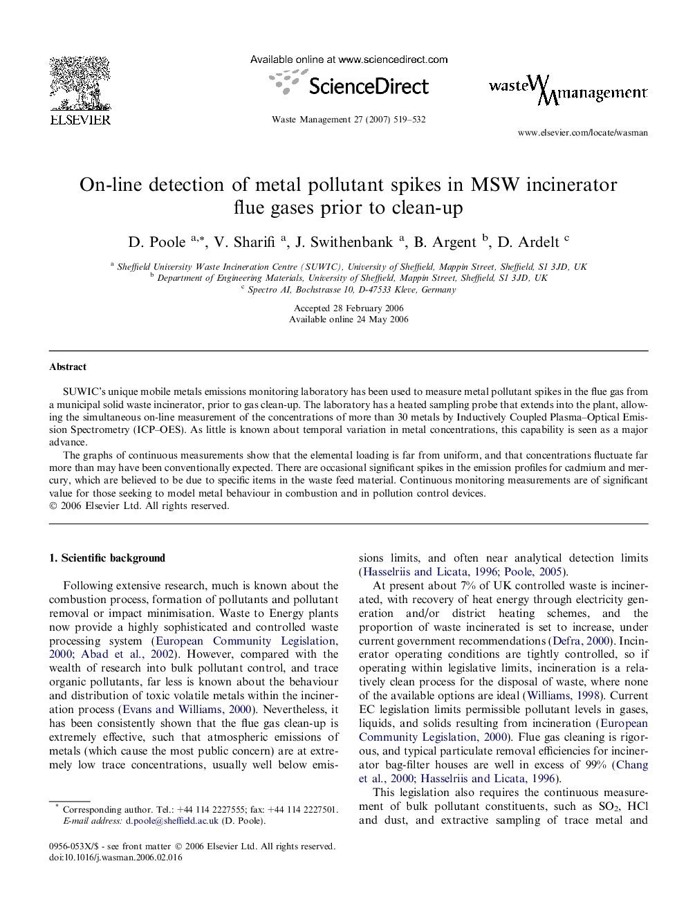 On-line detection of metal pollutant spikes in MSW incinerator flue gases prior to clean-up