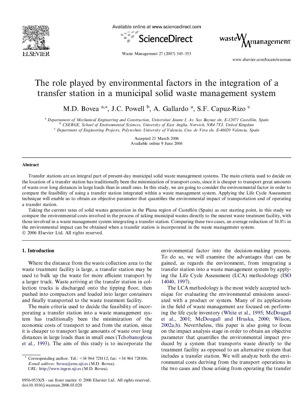 The role played by environmental factors in the integration of a transfer station in a municipal solid waste management system