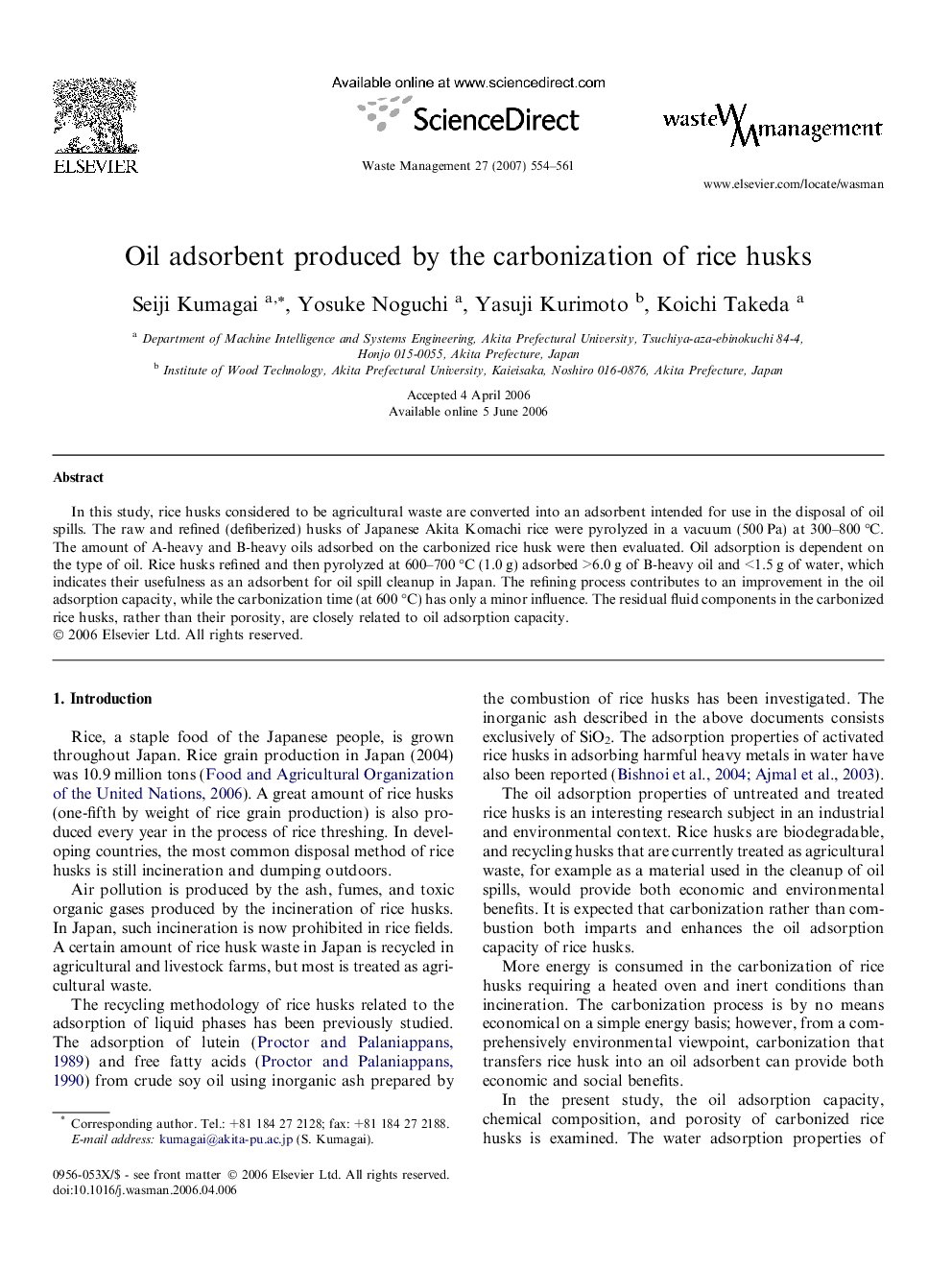 Oil adsorbent produced by the carbonization of rice husks