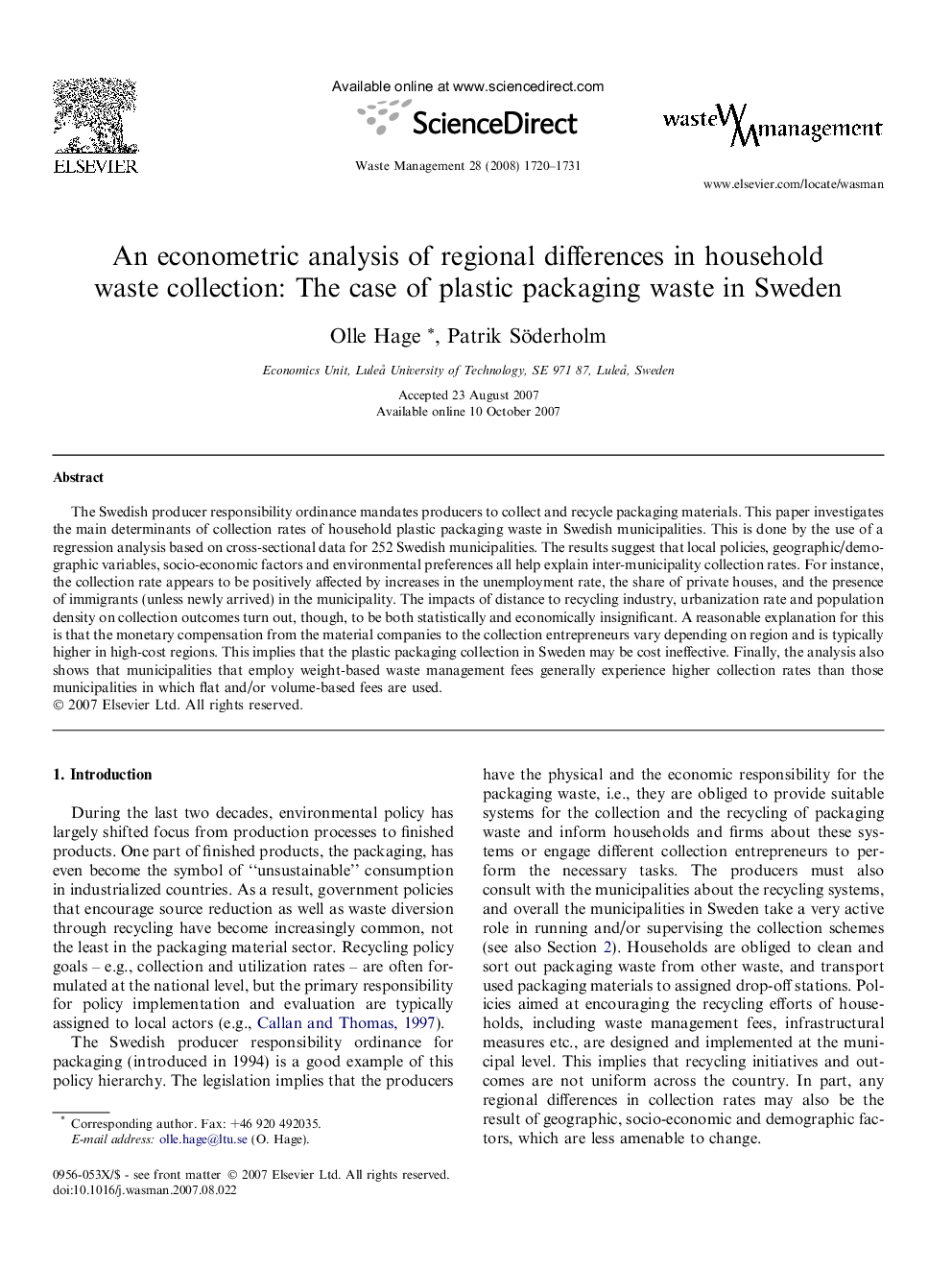 An econometric analysis of regional differences in household waste collection: The case of plastic packaging waste in Sweden