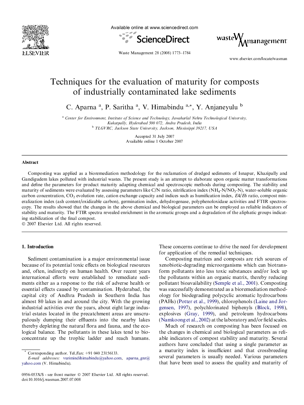 Techniques for the evaluation of maturity for composts of industrially contaminated lake sediments