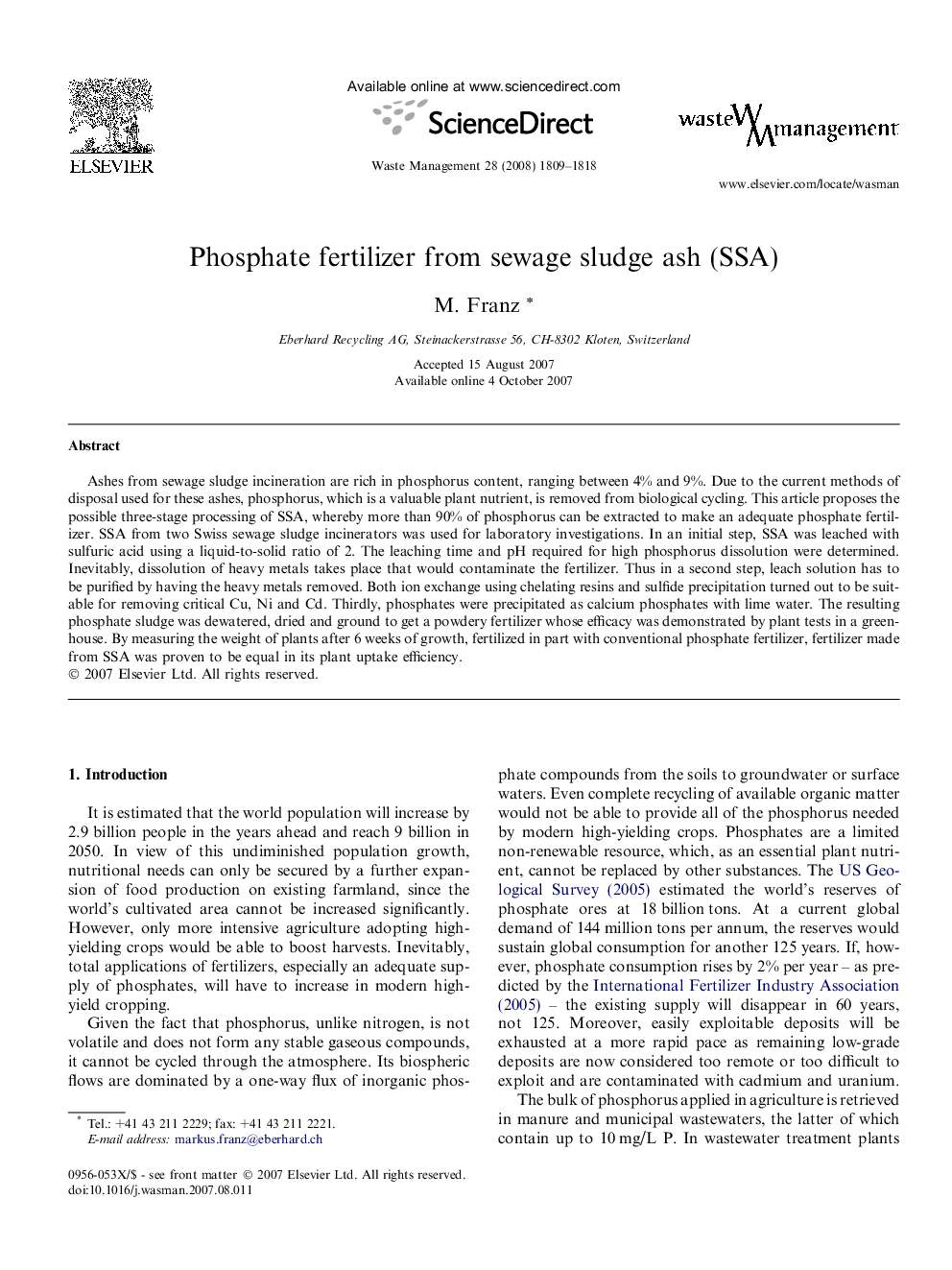 Phosphate fertilizer from sewage sludge ash (SSA)