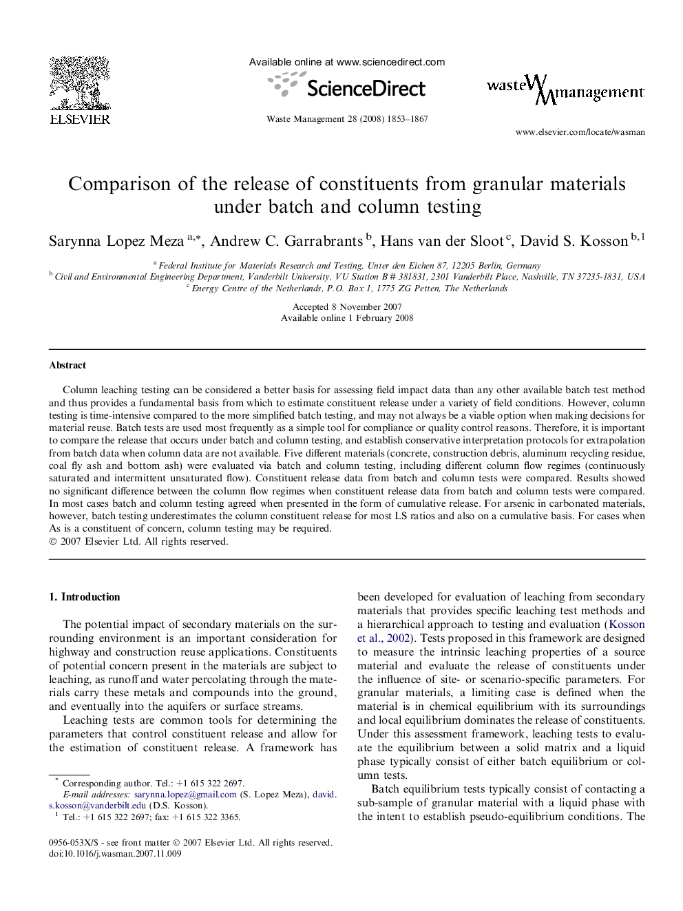 Comparison of the release of constituents from granular materials under batch and column testing