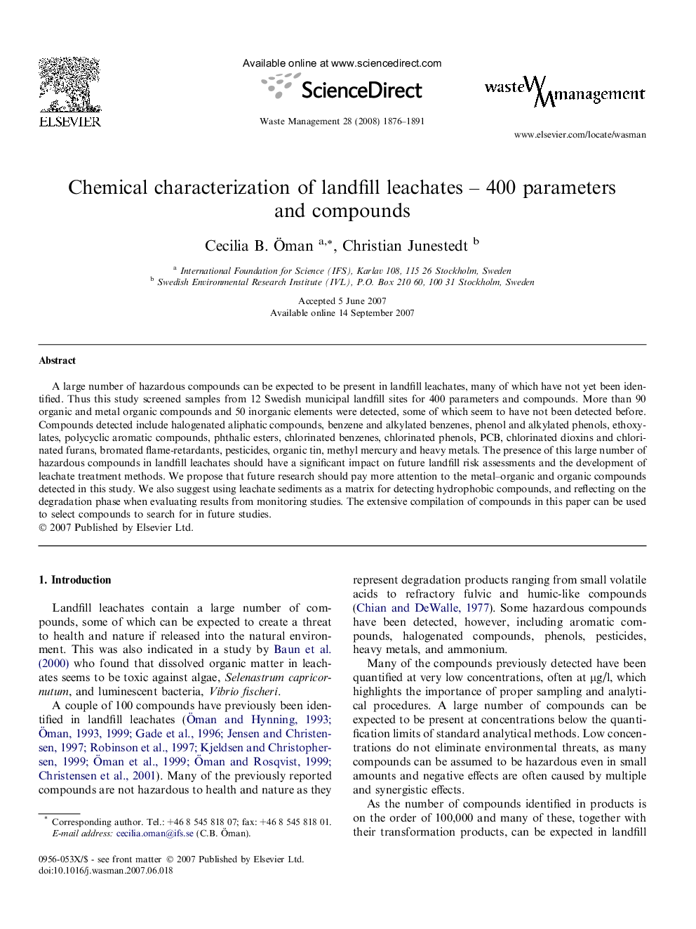 Chemical characterization of landfill leachates – 400 parameters and compounds