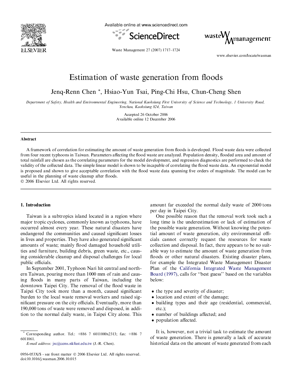 Estimation of waste generation from floods