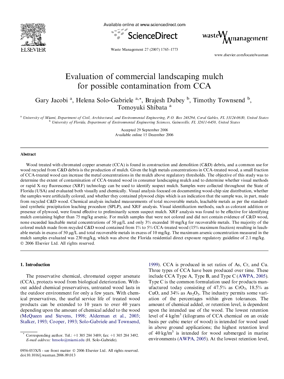 Evaluation of commercial landscaping mulch for possible contamination from CCA